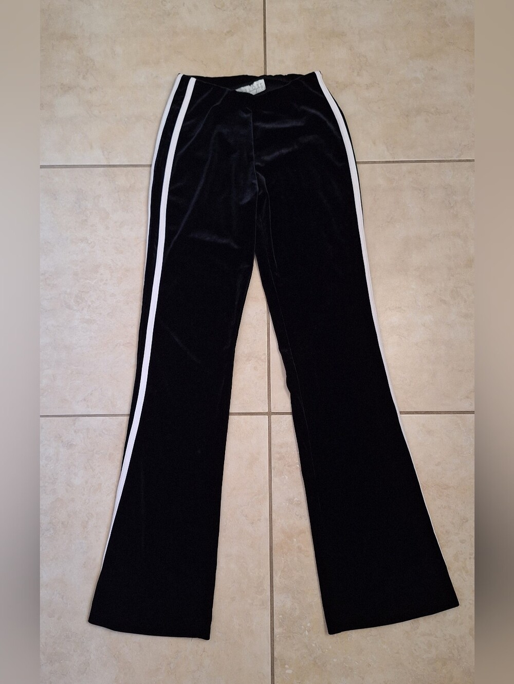 90s Y2K Velvet Flare Leggings Stretch Joggers Sporty Racing Stripe Black XS